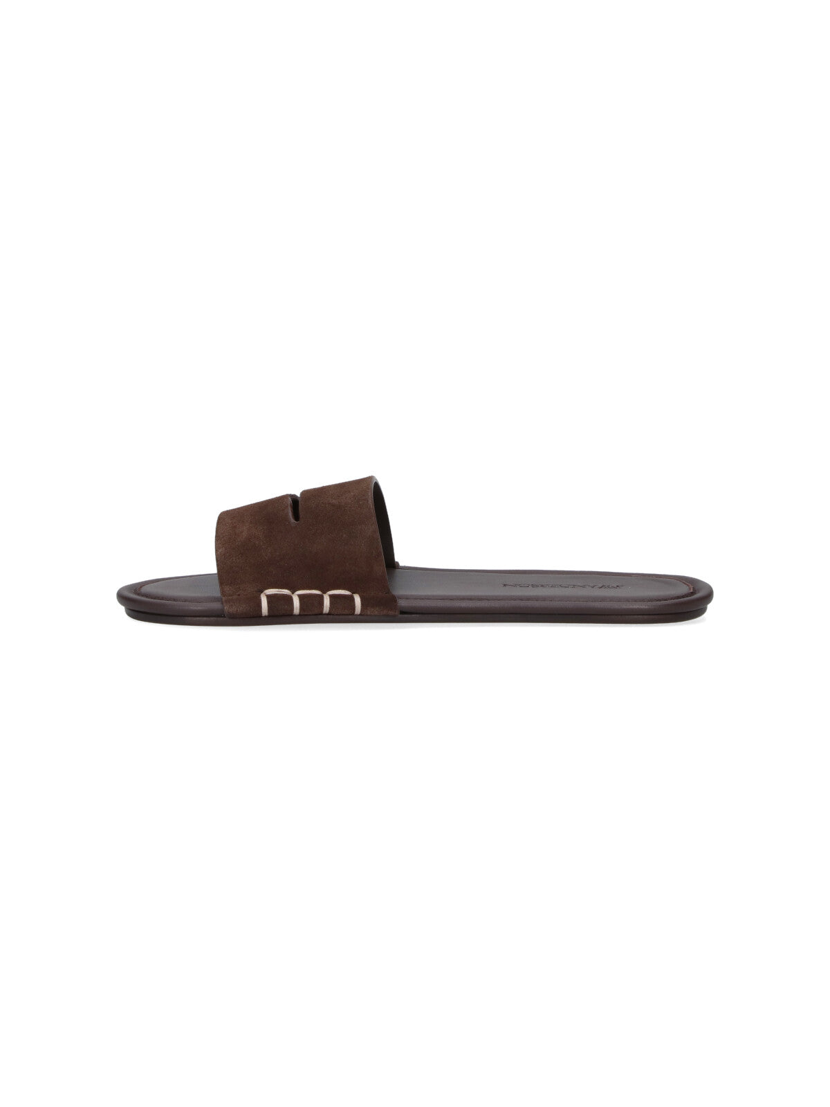 Brown Calf Leather Open-Toe Slides with Contrast Stitching