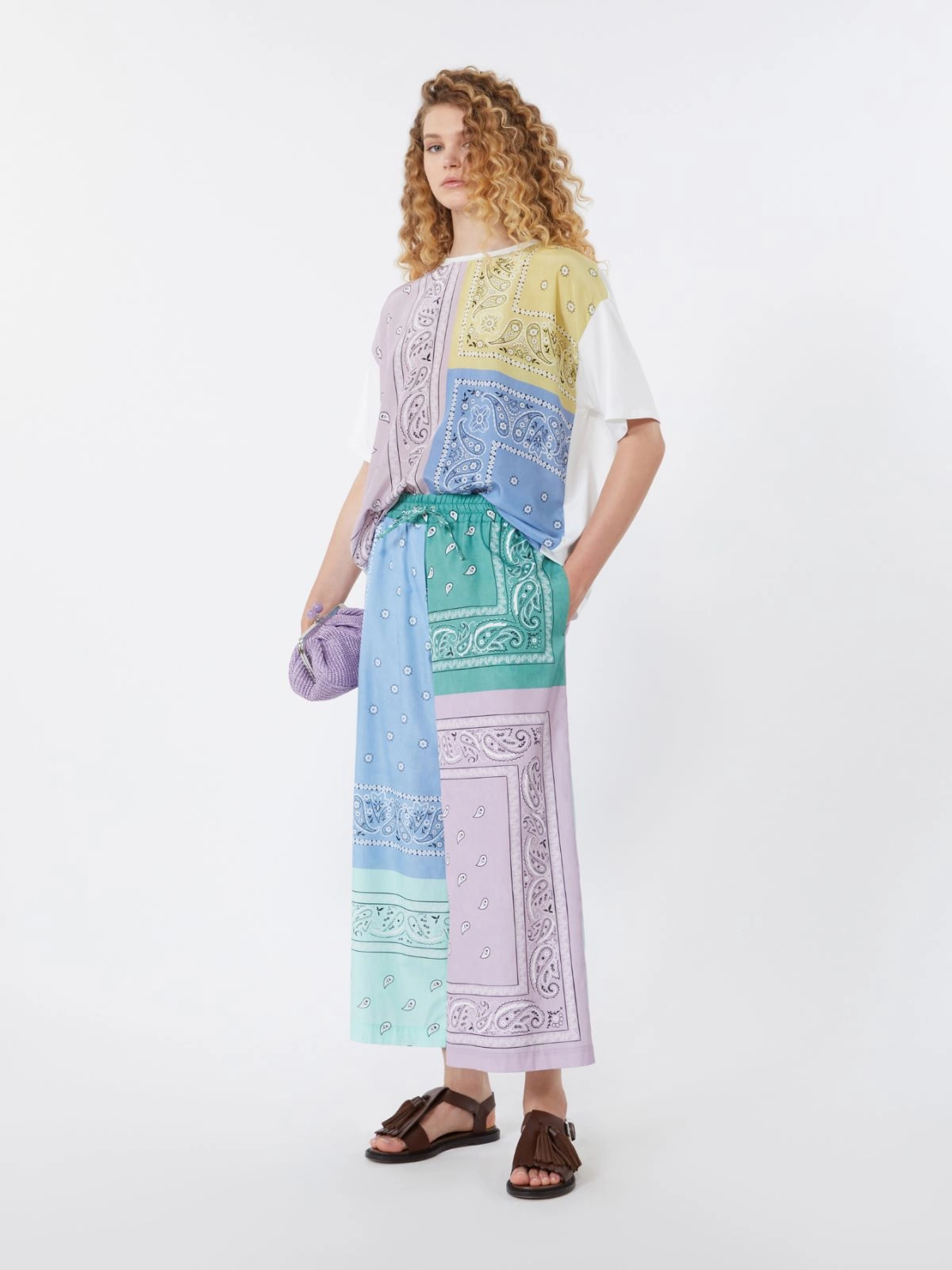 Patchwork Wide-Leg Pants with Elastic Waistband
