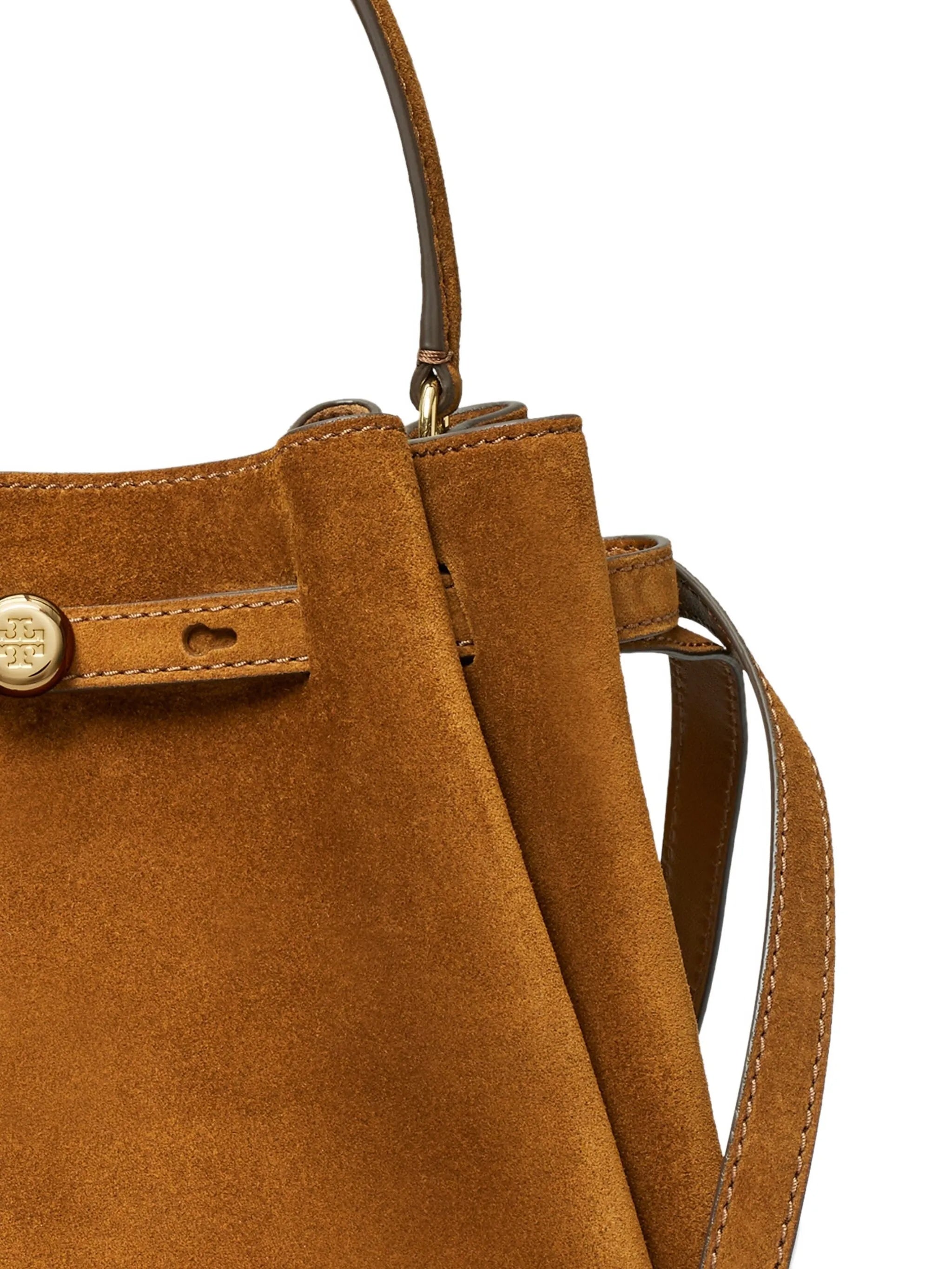 Structured Suede Brown Bucket Bag with Gold Accents