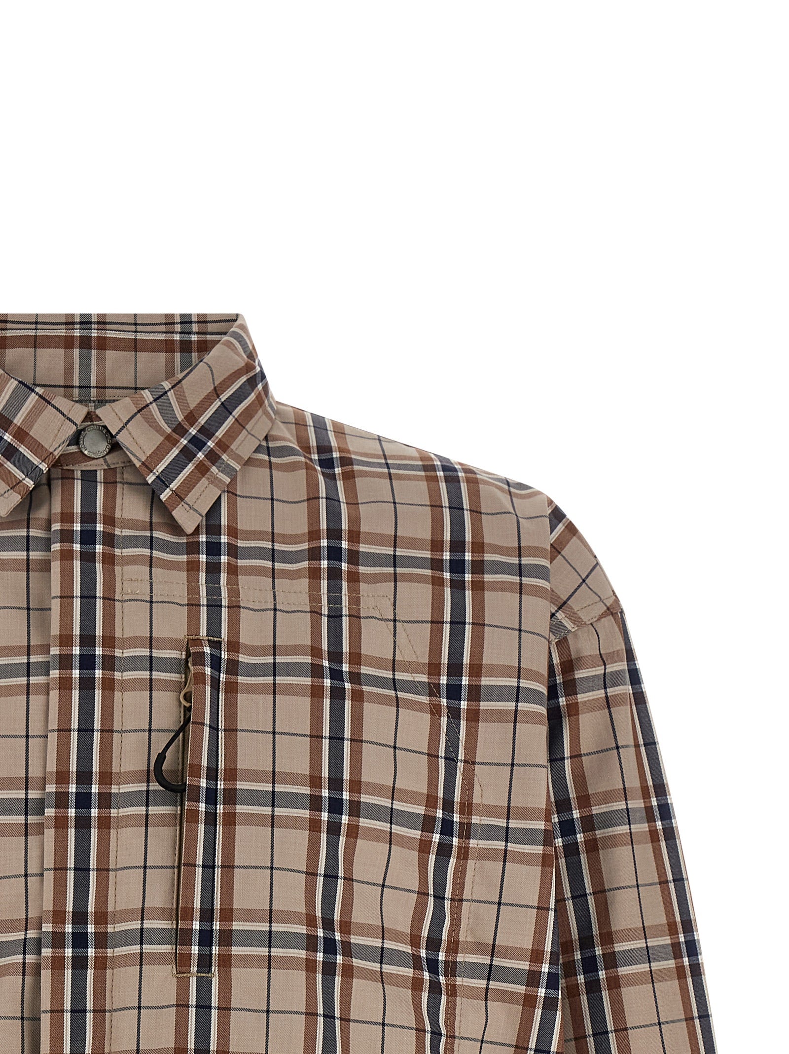 Beige Check-Print Cotton Blend Overshirt with Adjustable Cuffs