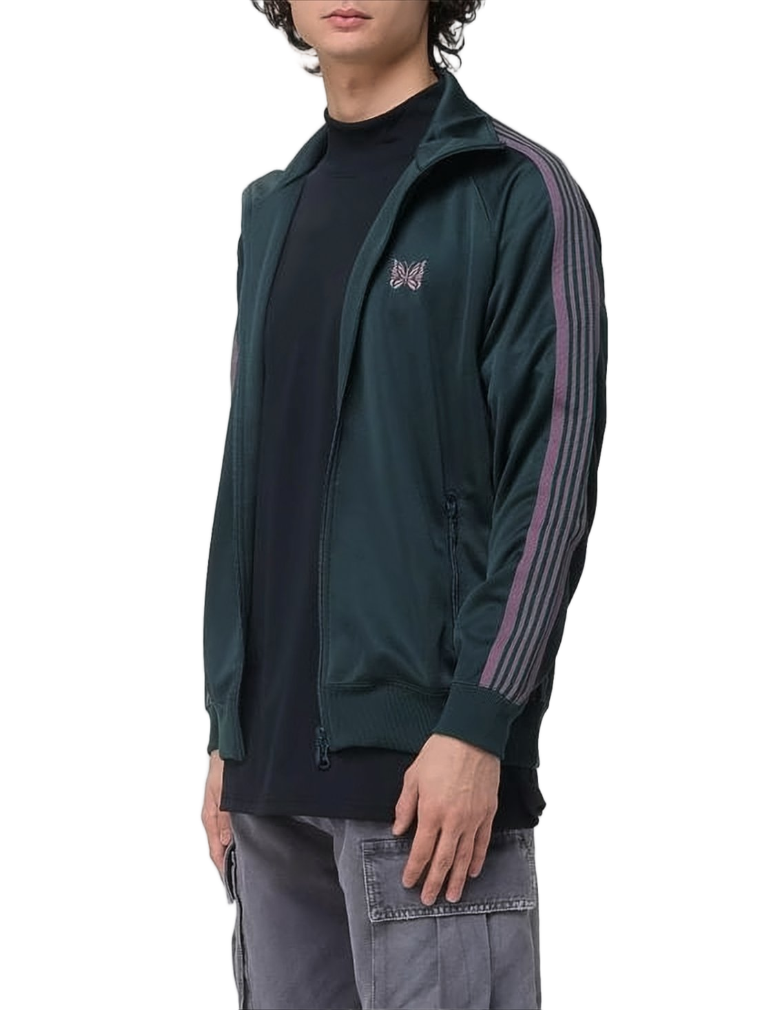 Green Polyester Track Jacket with Striped Detailing