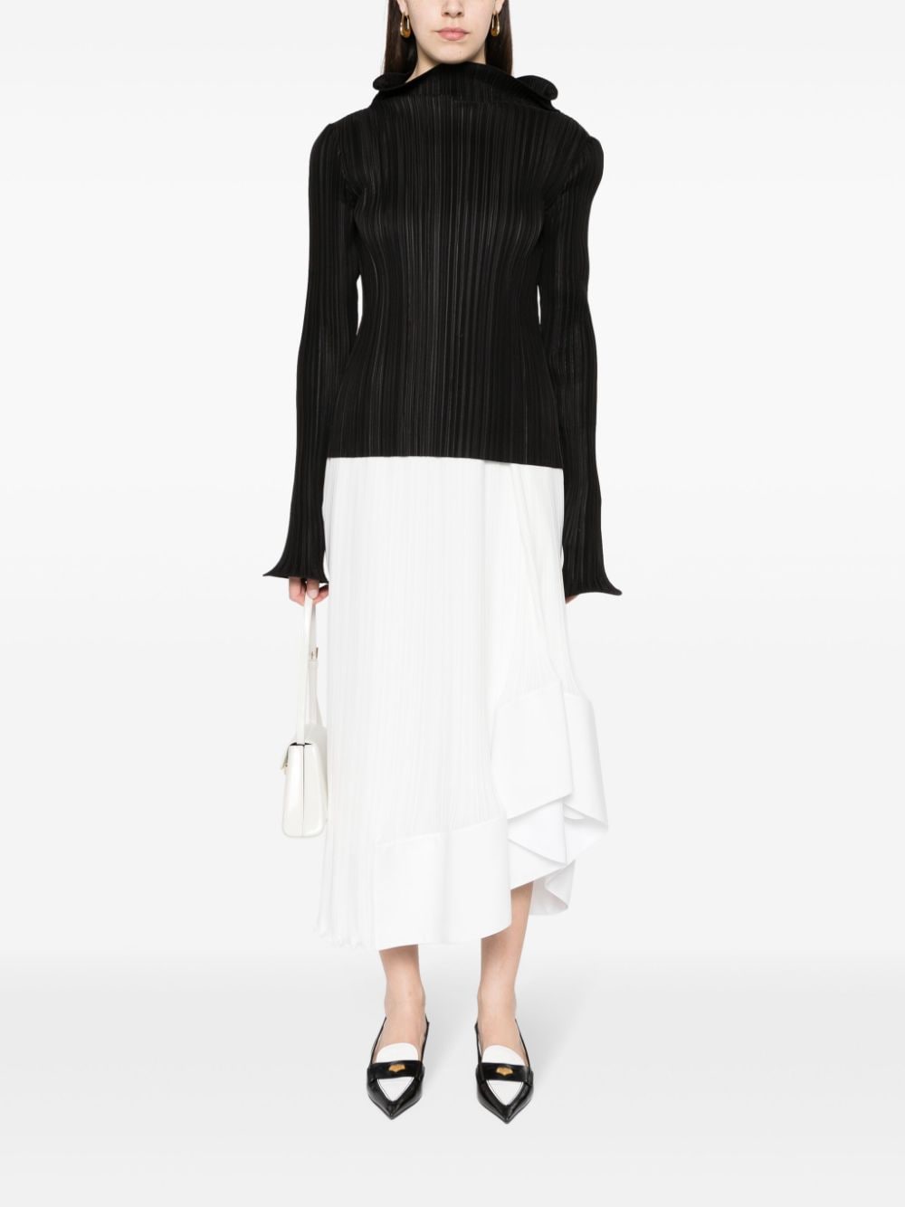Pleated Asymmetric White Crepe de Chine Skirt