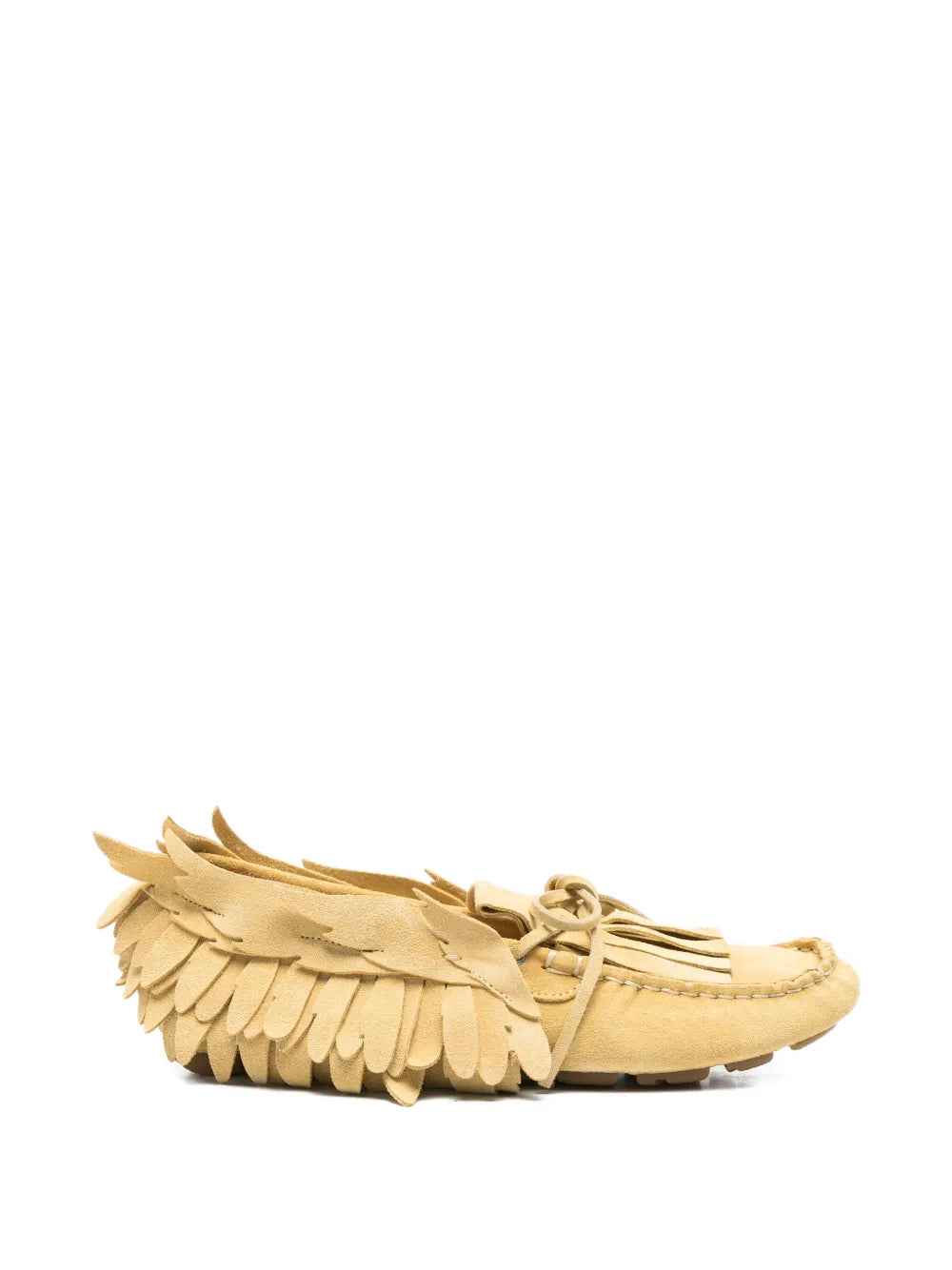 Moccasin-Style Shoes with Layered Fringe and Bow Detail