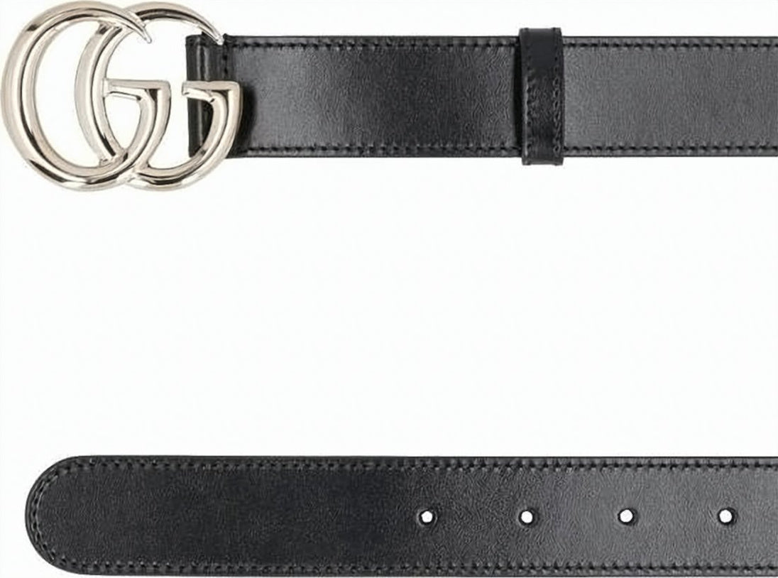 Black Leather Belt with Gold-tone Double G Buckle