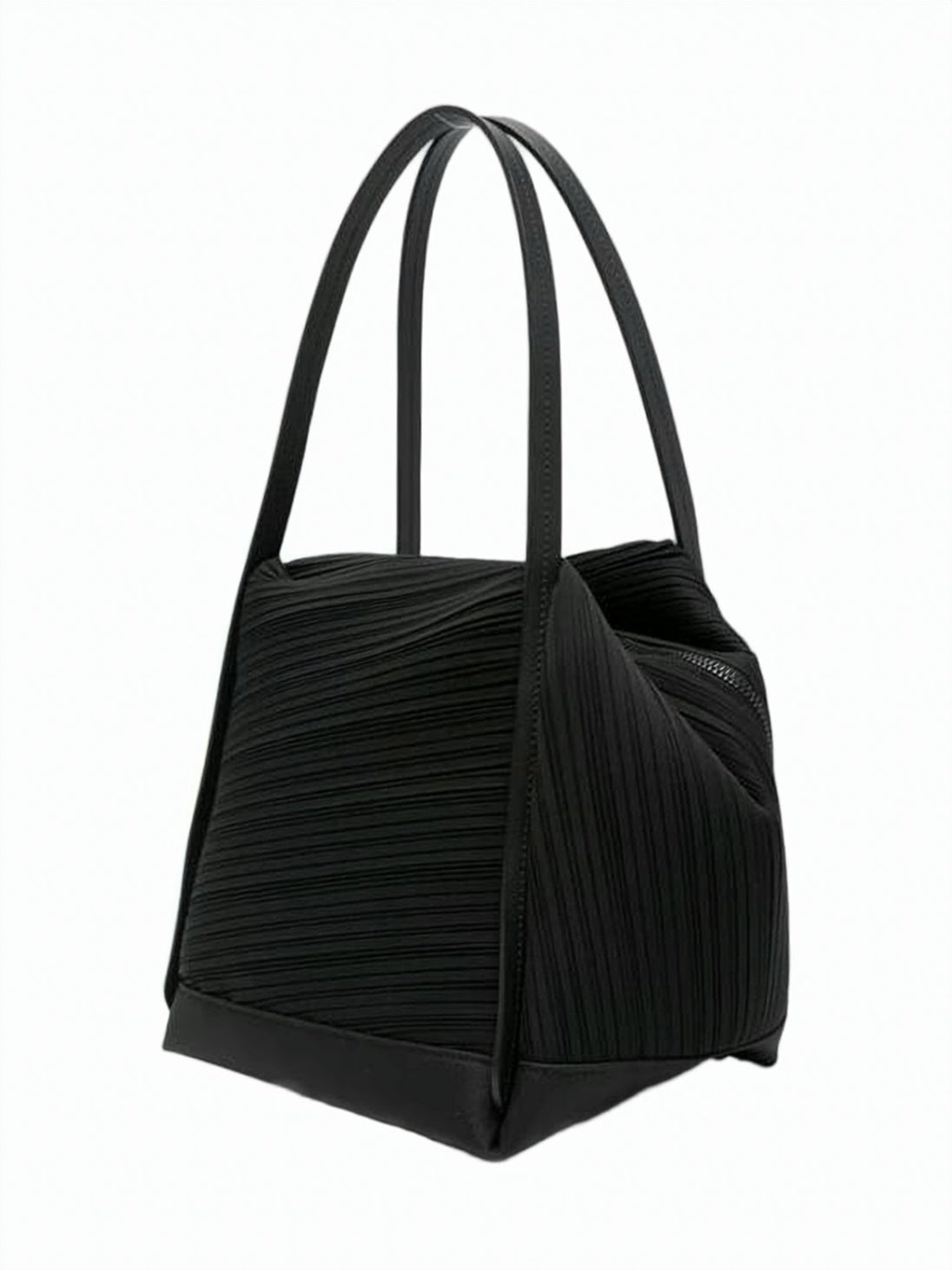 Black Textured Polyester Unique Pleated Tote Bag
