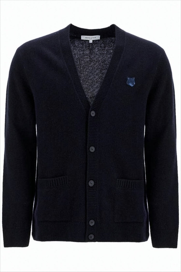 V-Neck Wool Cardigan With Button-Down Front And Embroidered Logo