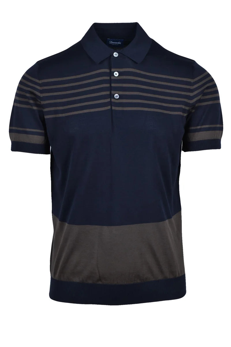 Cotton Knit Polo Shirt - Blue/Brown