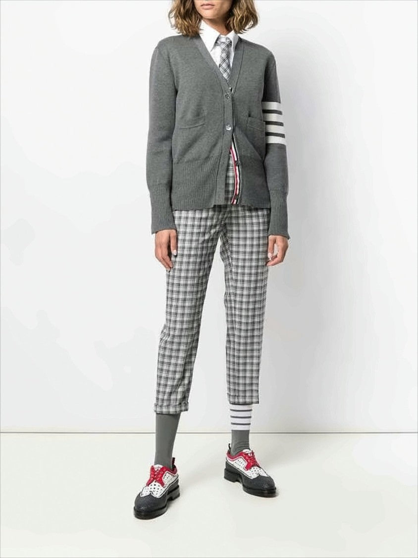 Classic V-Neck Grey Knitwear Cardigan with Striped Accents