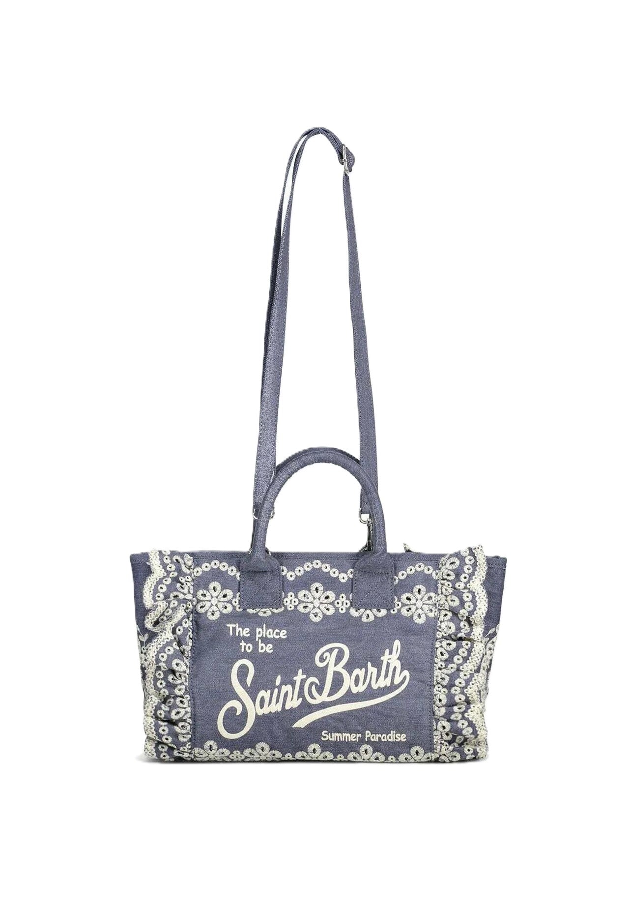 Rectangular Blue Tote Bag with Lace-Embroidered Edges