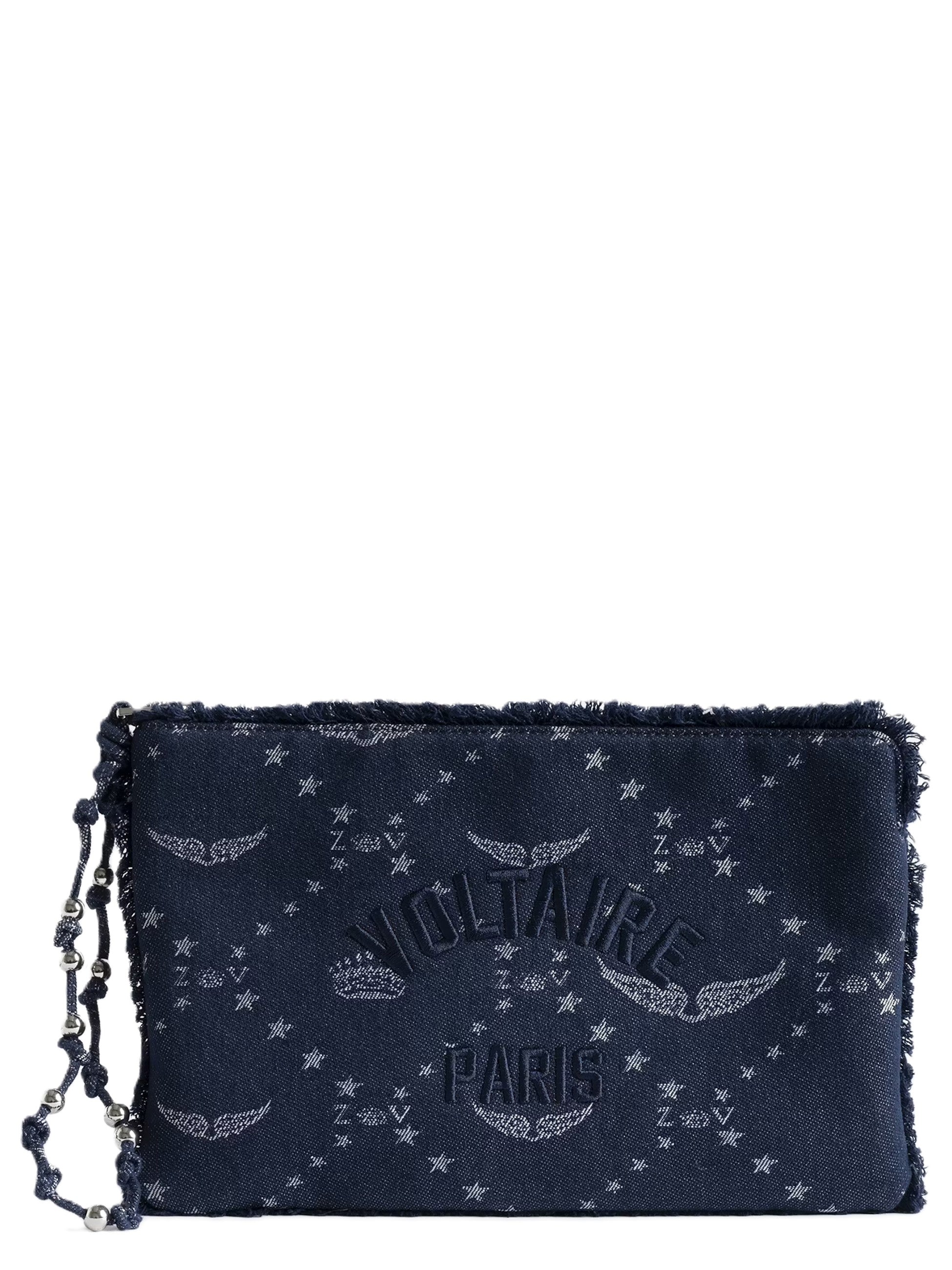 Rectangular Dark Denim Clutch with Embroidered Logo
