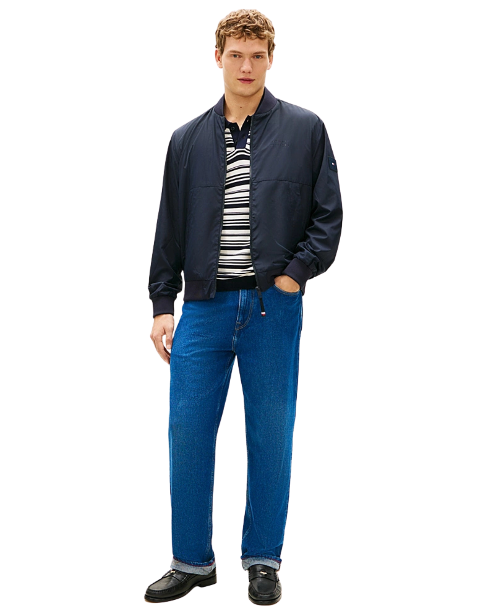 Water-Resistant Navy Bomber Jacket With Baseball Collar And Storm Flap