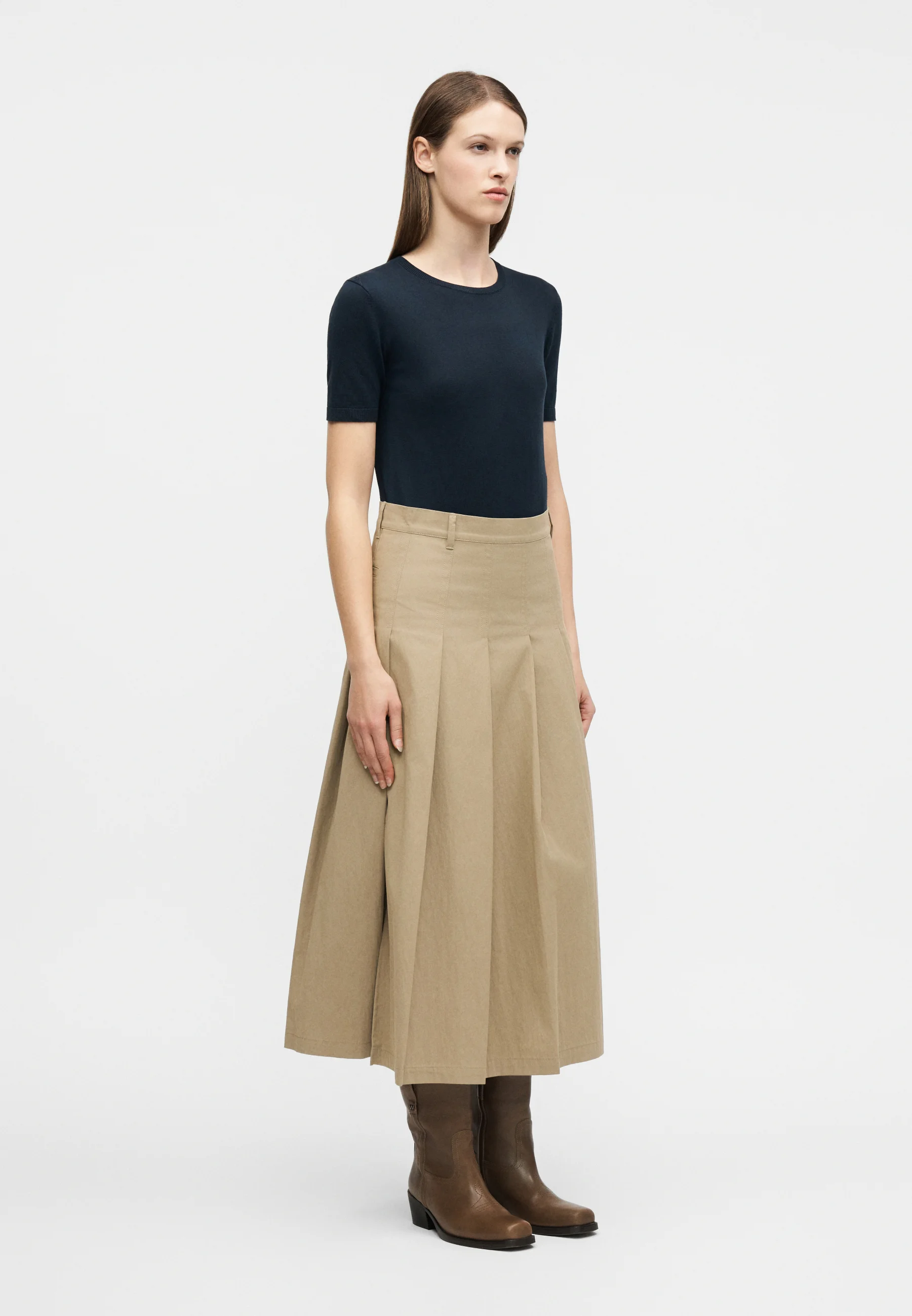 Brown Cotton Blend Midi Skirt