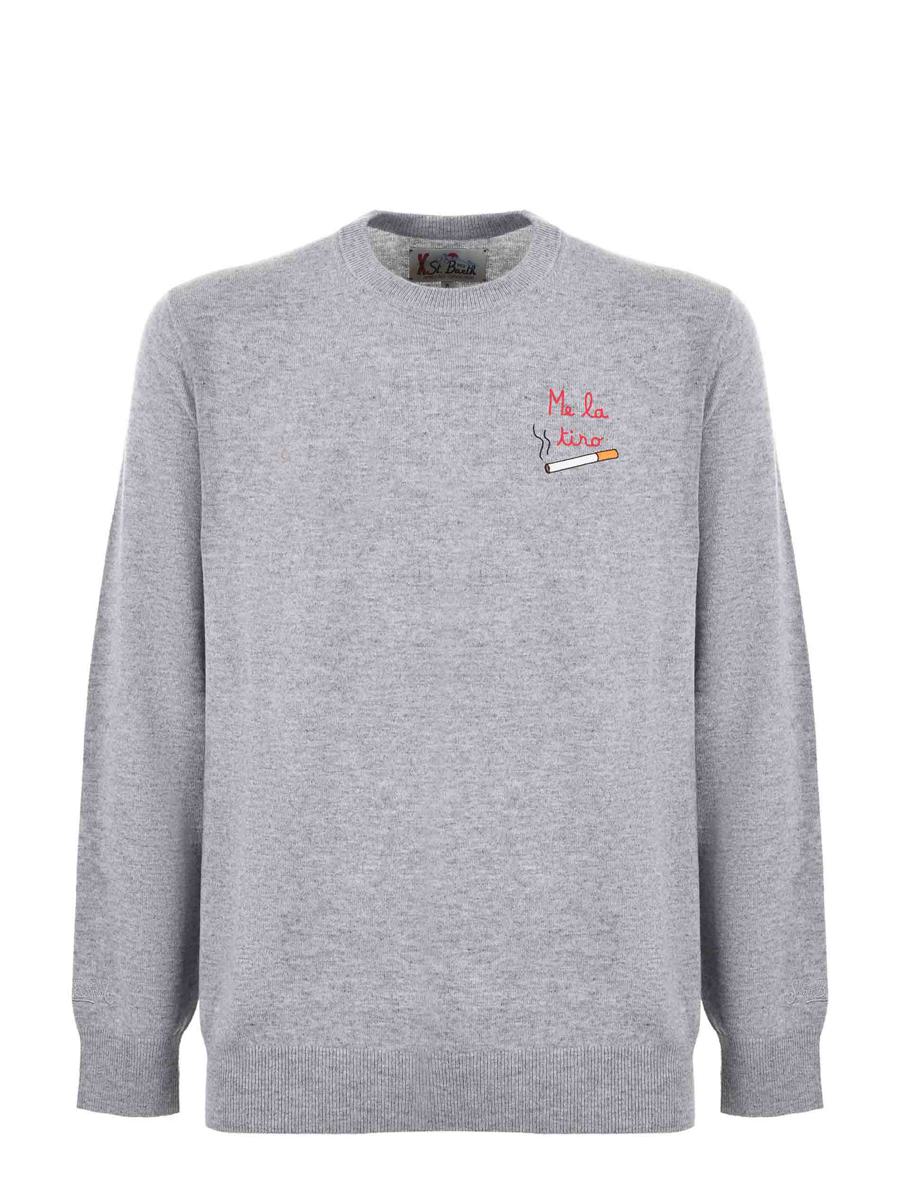 Grey Crewneck Sweater with Cigarette Print