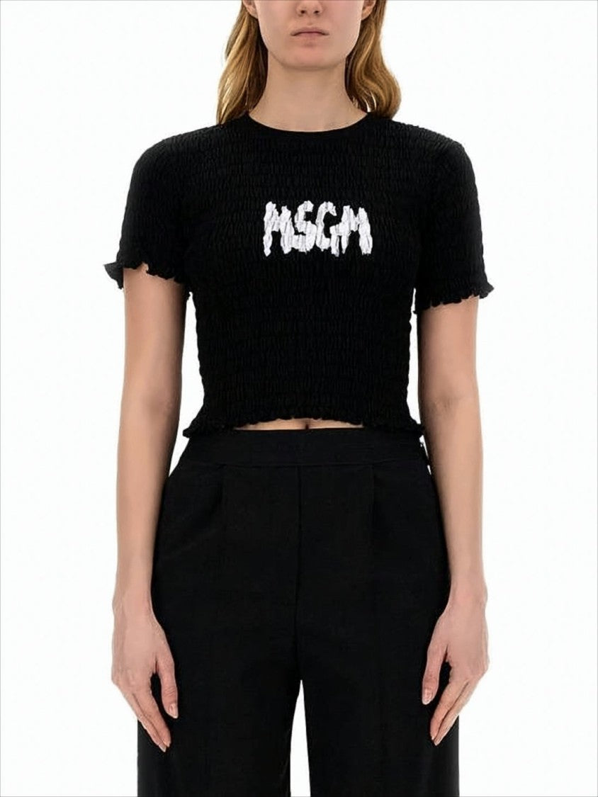 Textured Cropped Black T-Shirt With Bold Logo