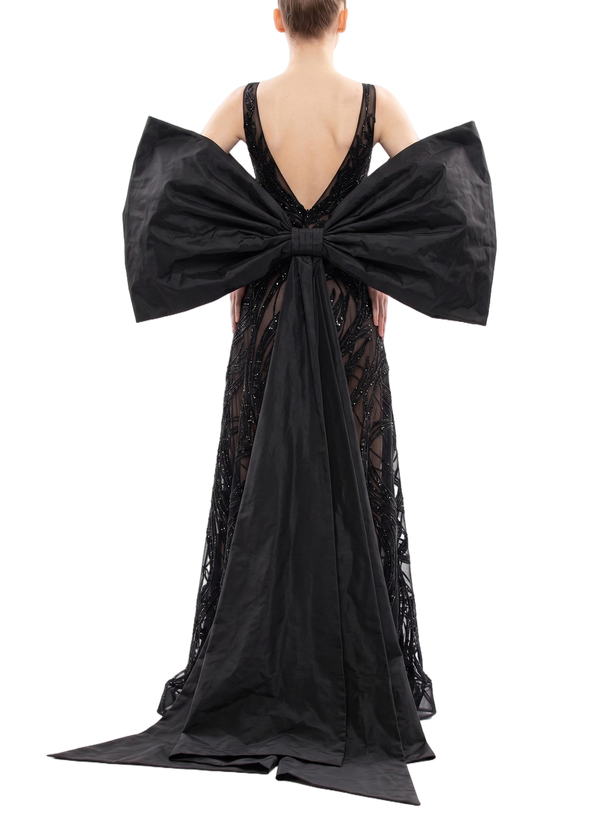 Bronze Tulle Evening Dress With Embroidery And Dramatic Cape