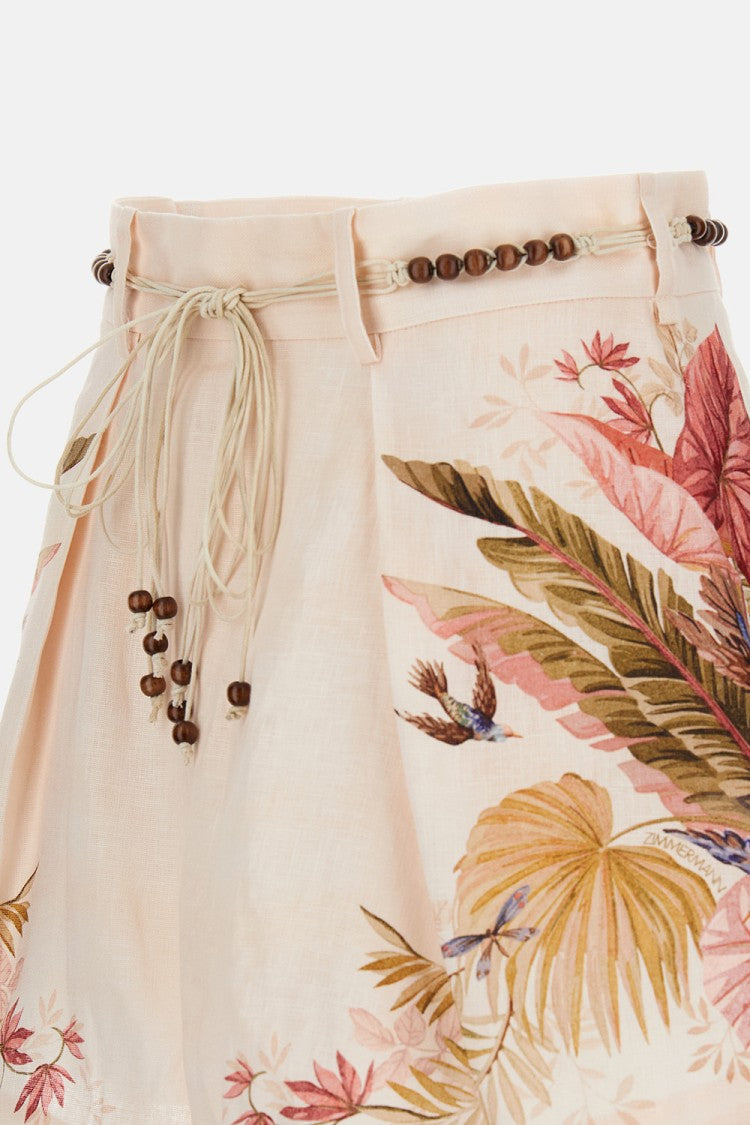 Floral Print Linen Shorts With Removable Waist Strap And Side Pockets