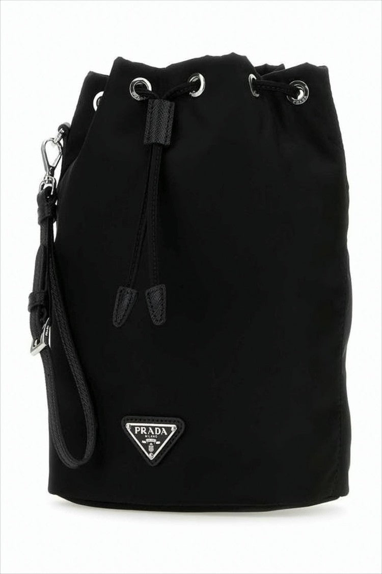Smooth Nylon and Leather Clutch with Drawstring Closure
