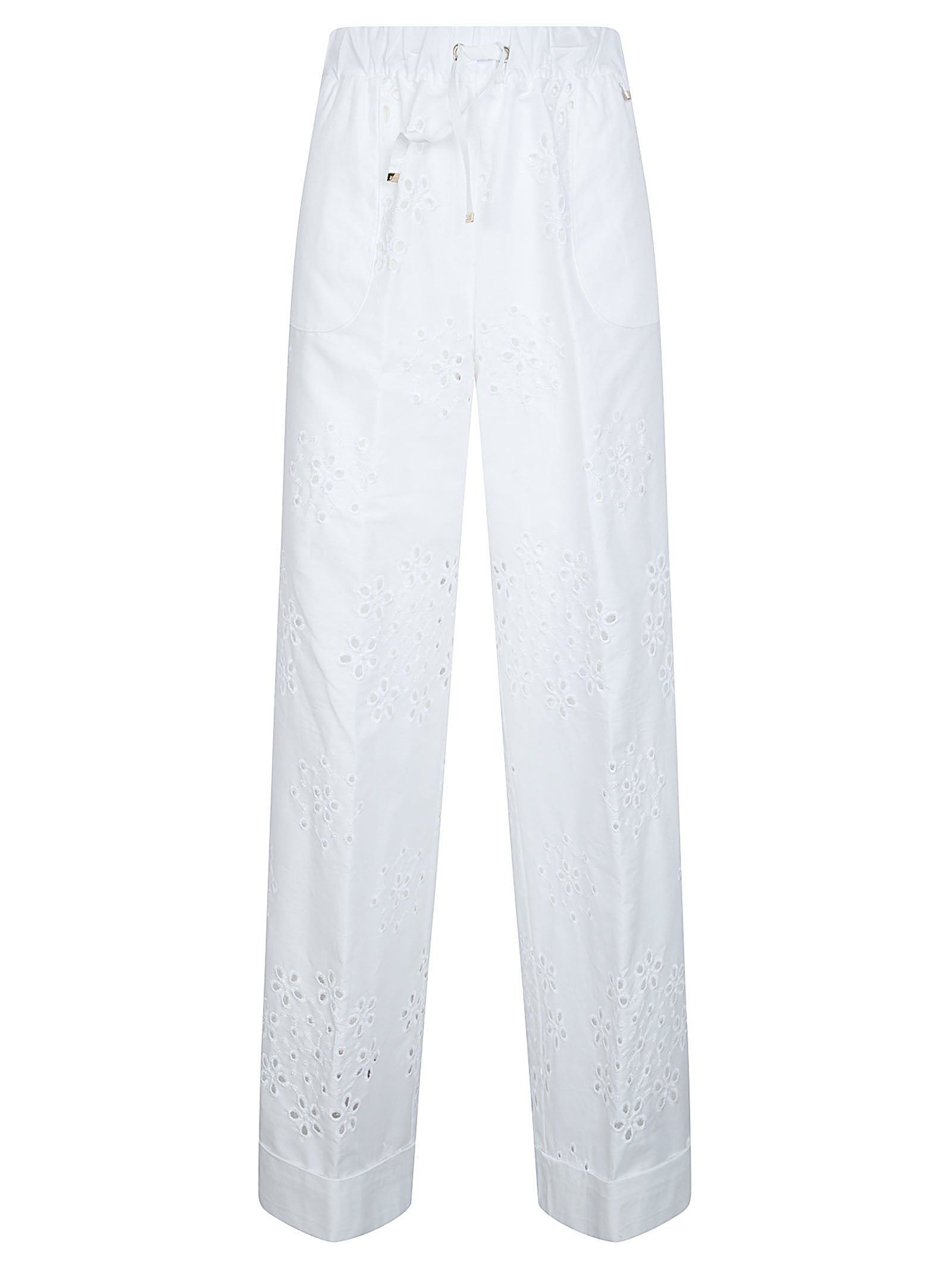 Straight-Leg White Trousers with Floral Eyelet Embroidery