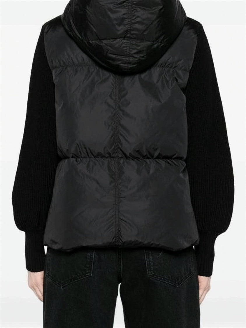 Puffer Jacket with Contrasting Knit Sleeves and Hood