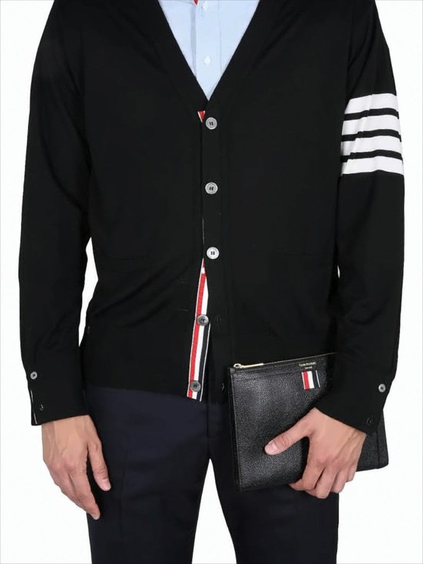 V-Neck Wool Cardigan with Striped Accent Details