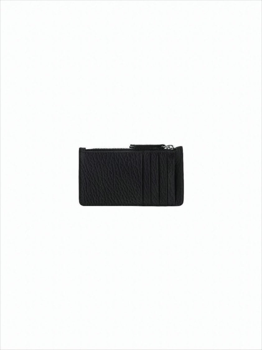 Textured Calf Leather Wallet With Zippered Closure And Stitch Accents