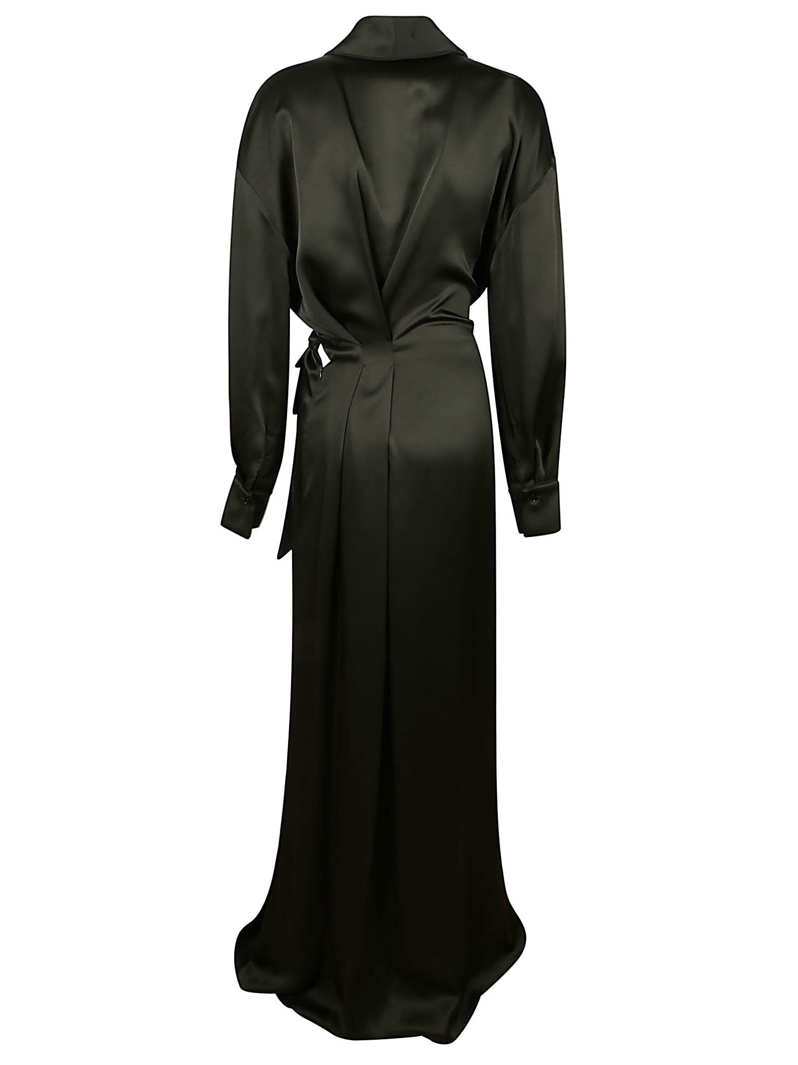 Satin-Wrap Gown With Cuffed Sleeves And V-Neckline