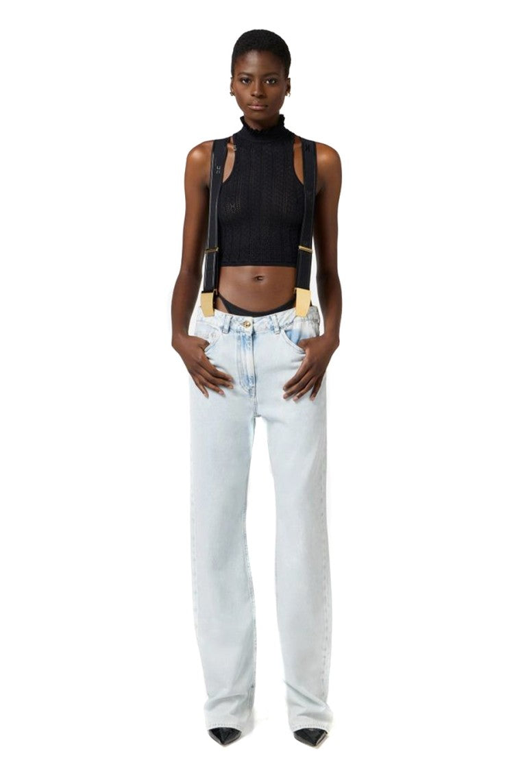 High-Waisted Light Wash Jeans With Suspenders