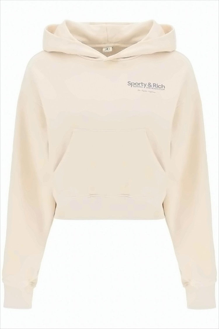 Cropped Light Beige Hoodie with Subtle Logo Print