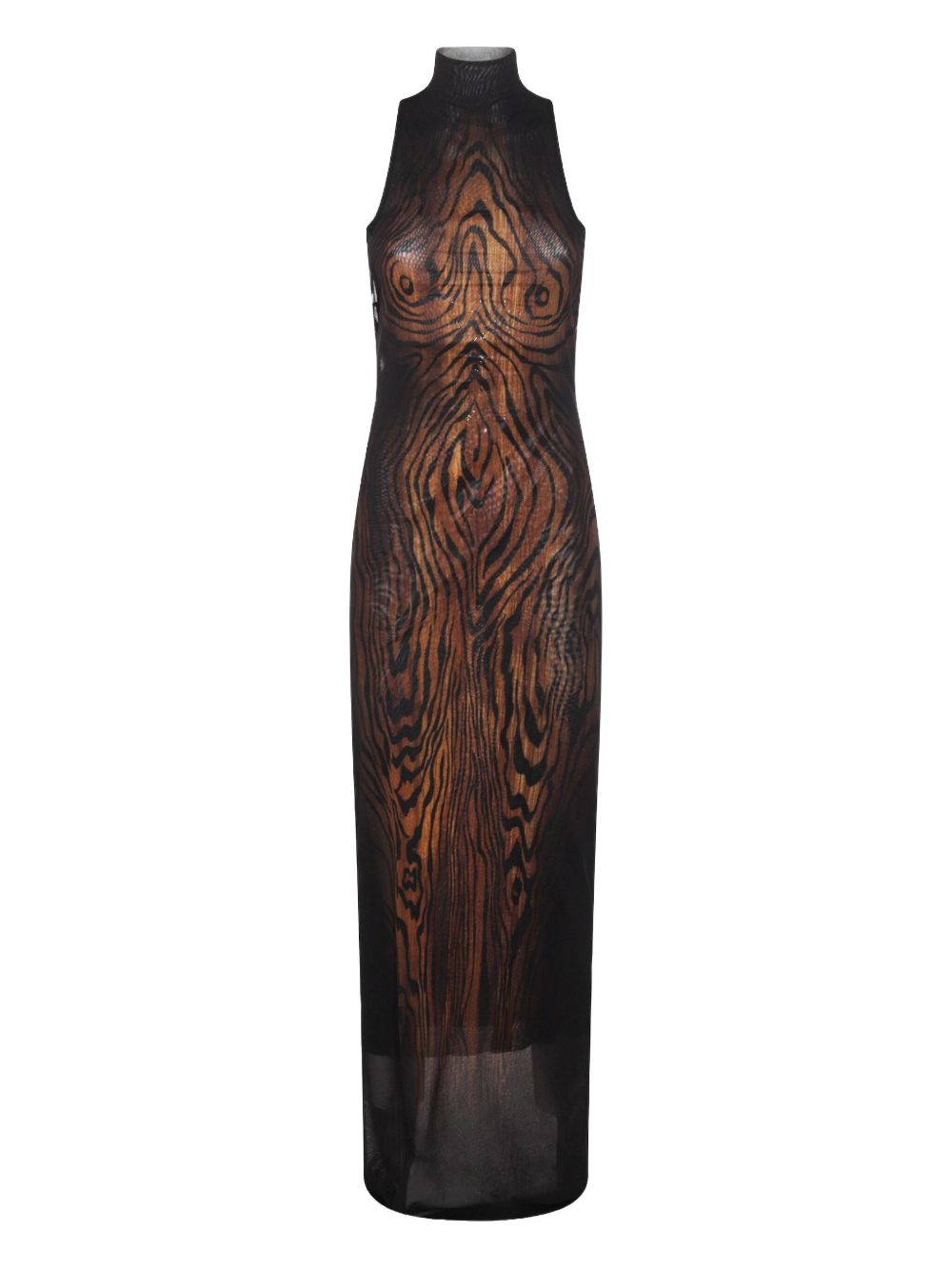 Draped Black Tulle Dress With Wood Print