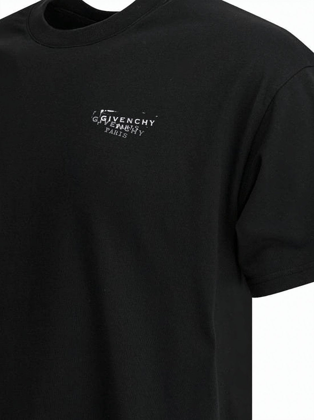 Short-Sleeve Black Cotton T-Shirt with Distressed Logo Prints