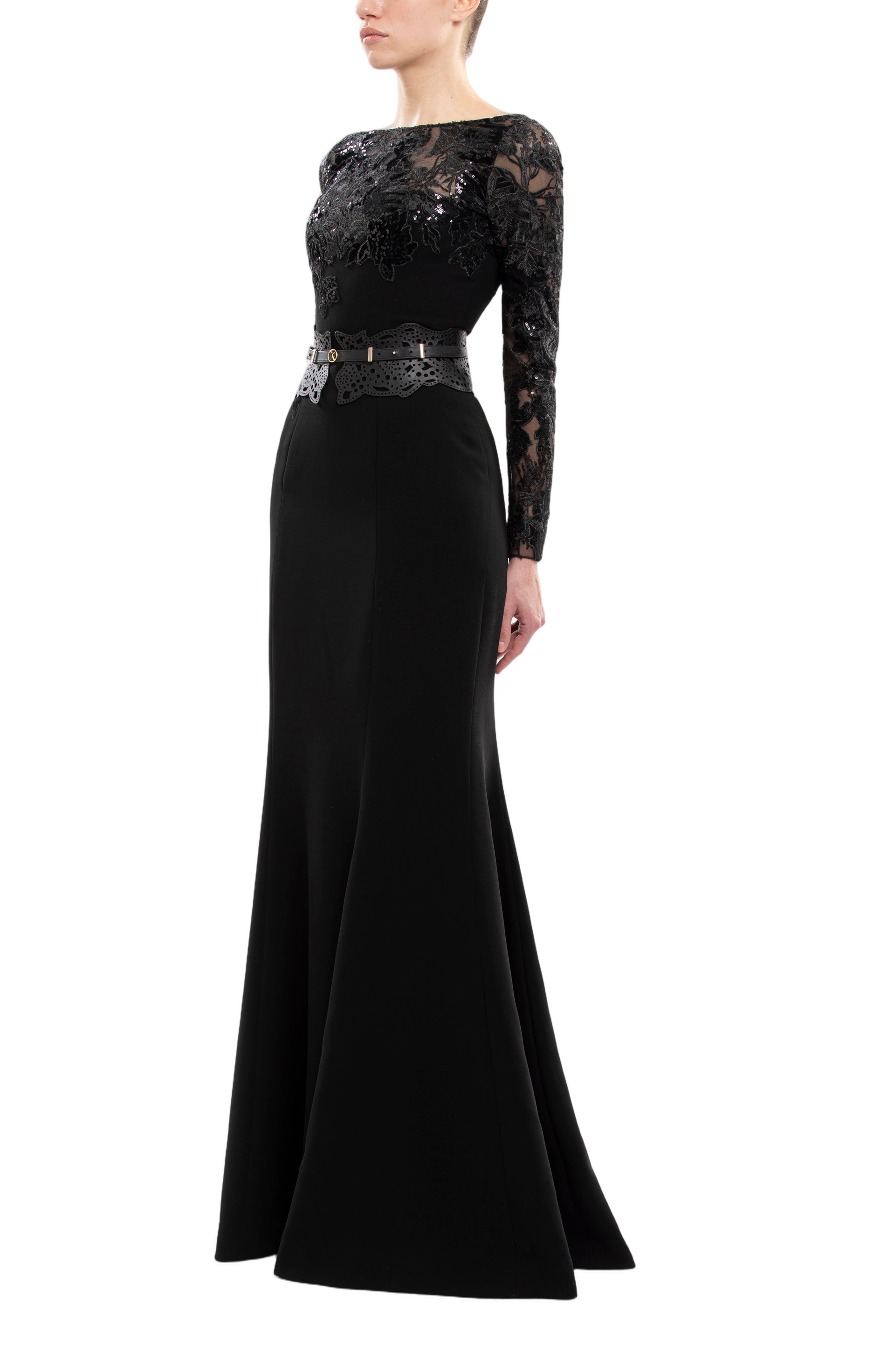 Embroidered Crepe Dress With Leather Belt