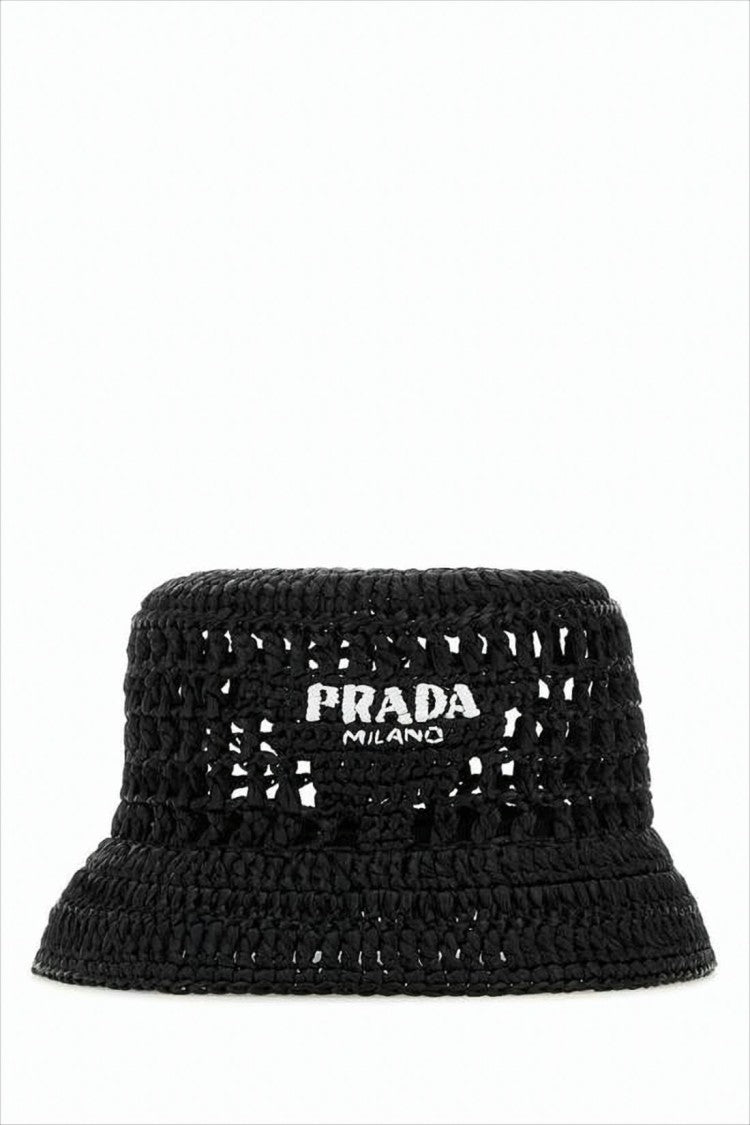 Black Crochet Bucket Hat With Structured Brim And Embroidered Logo
