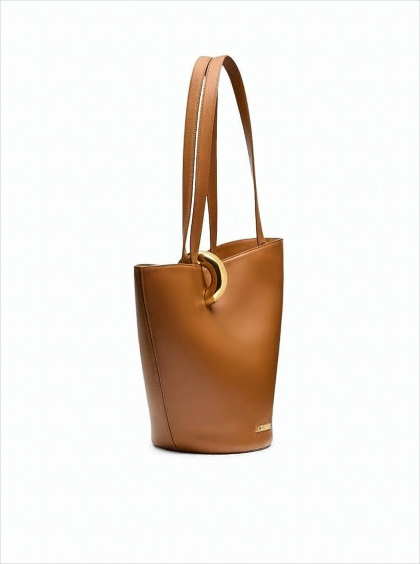 Structured Brown Cow Leather Tote Bag With Gold-Tone Clasp