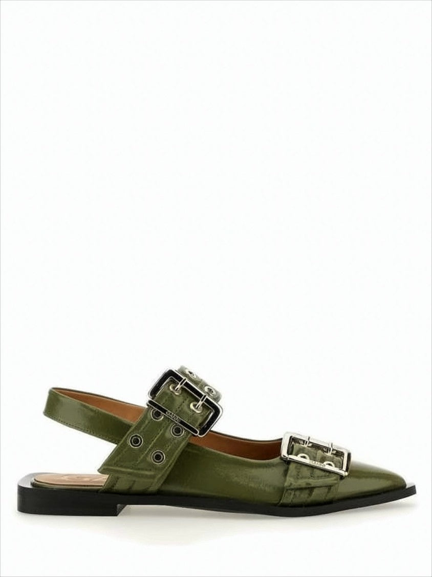 Glossy Olive Green Leather Flat Shoes with Buckle Detailing