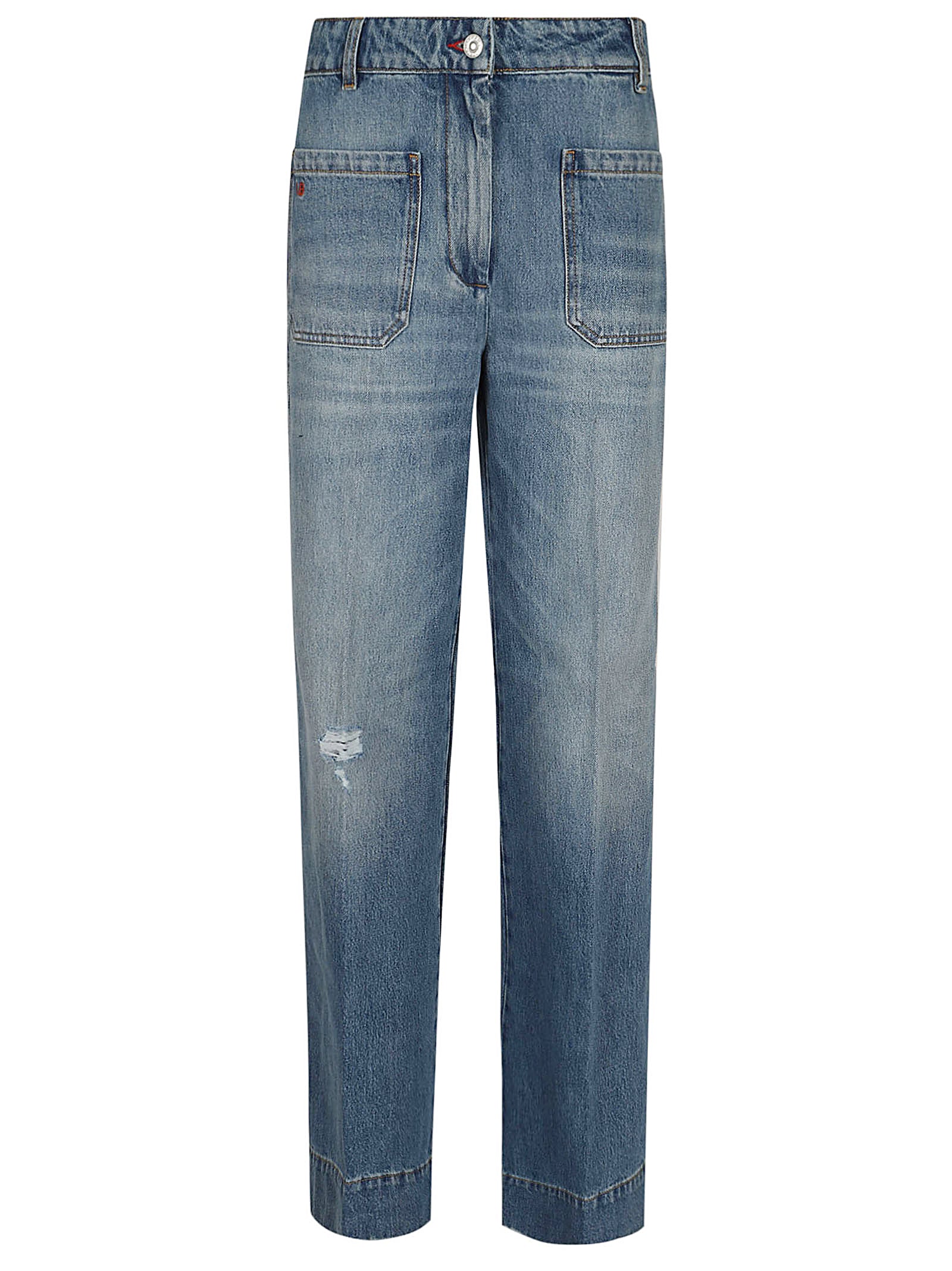 Mid-Blue Denim Jeans with Cropped Straight-Leg Silhouette