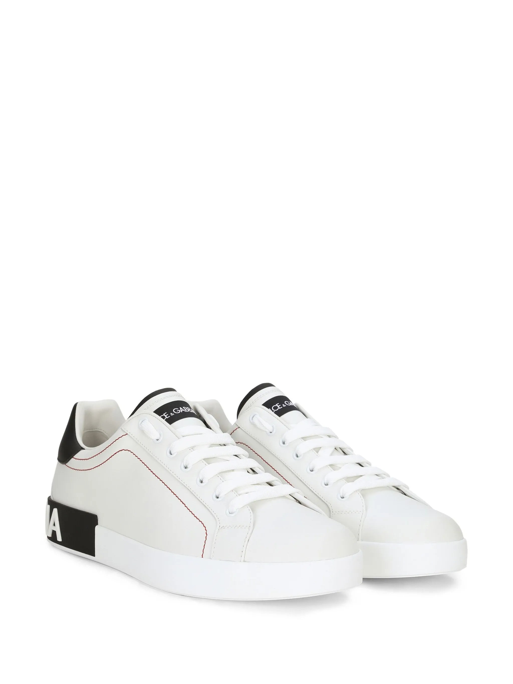 White Low-Top Red Stitching Leather Sneakers