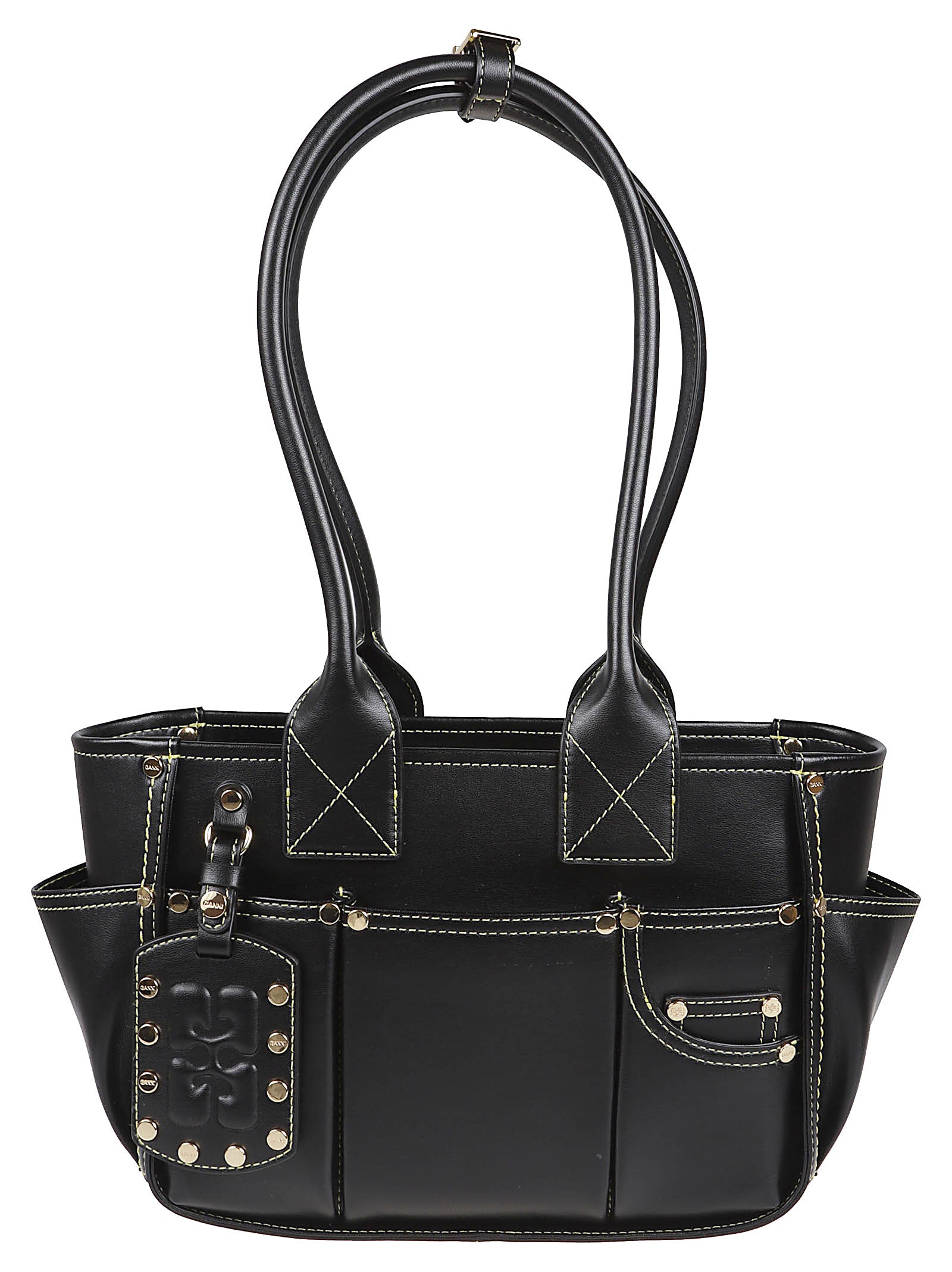 Structured Black Handbag with Contrasting White Stitching