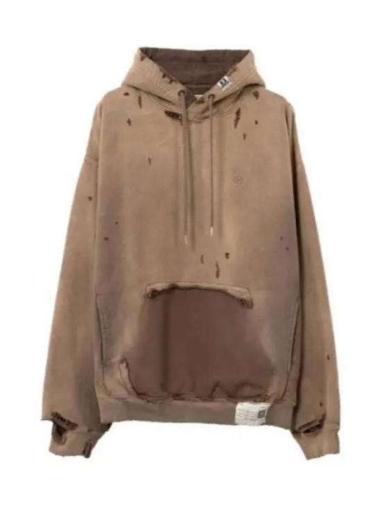 Distressed Brown Hoodie With Frayed Edges And Kangaroo Pocket