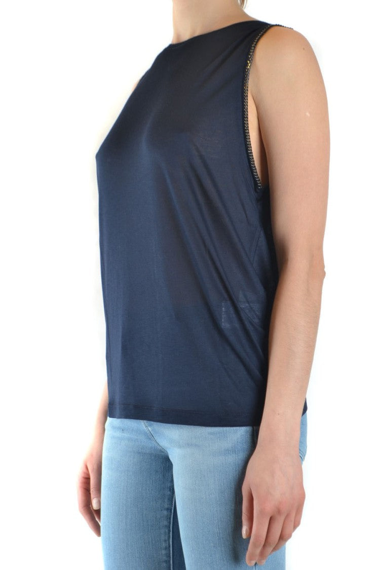 Navy Sleeveless Top With High Round Neckline