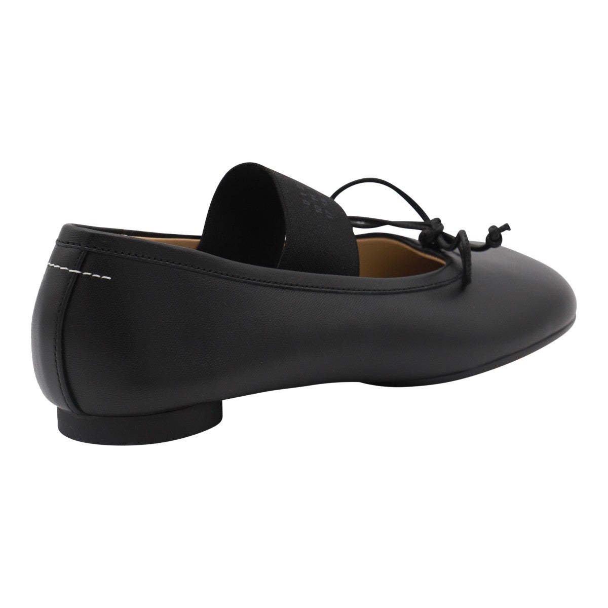 Smooth Black Leather Flats with Bow Detail