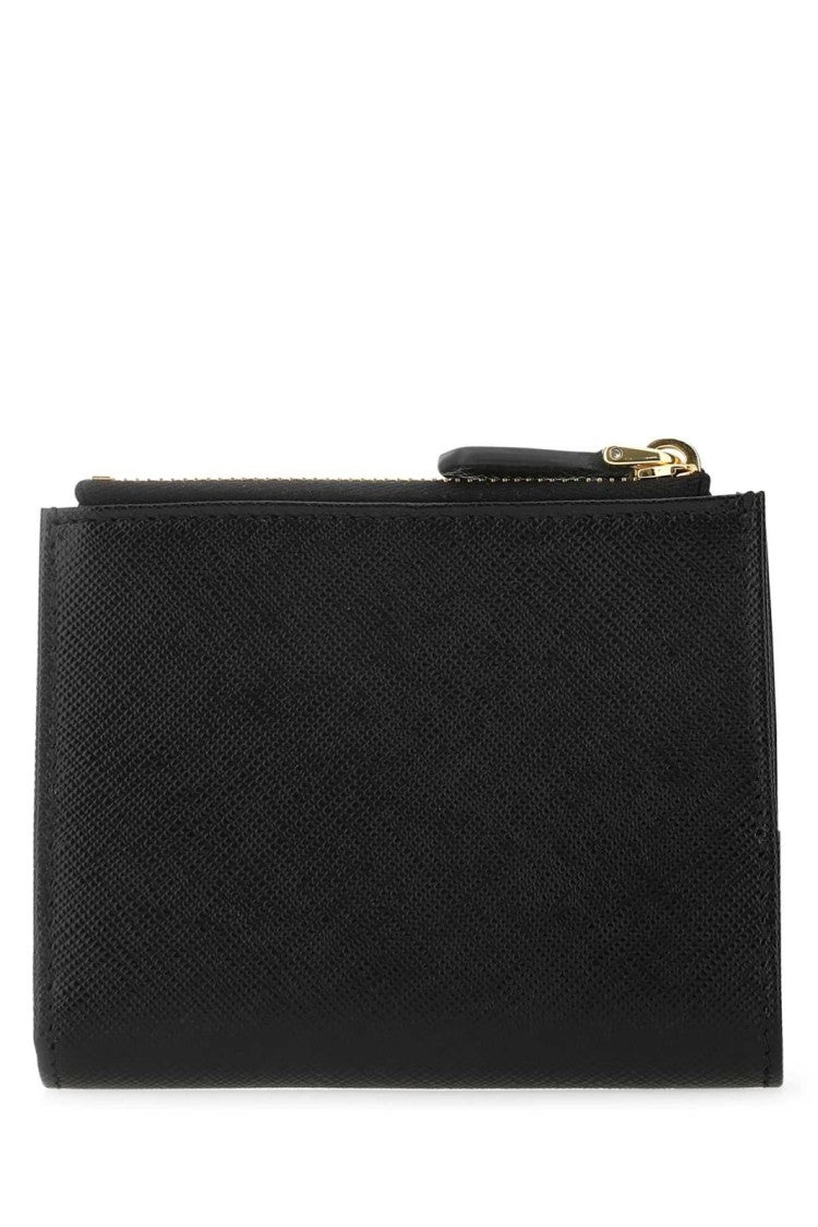 Compact Black Zip Wallet with Triangular Logo Plaque