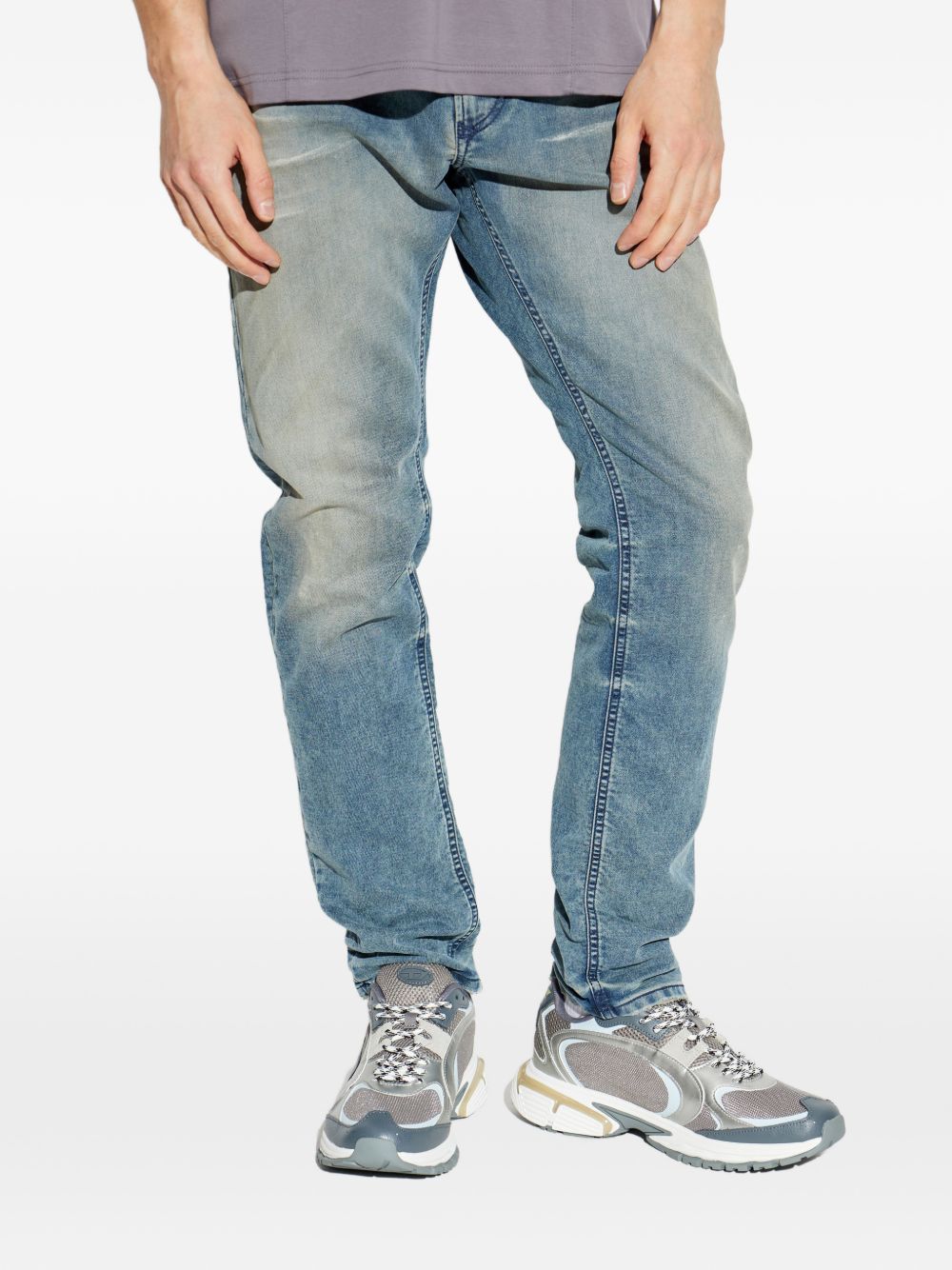 Faded Blue Drawstring-Fastening Jeans With Five Pockets