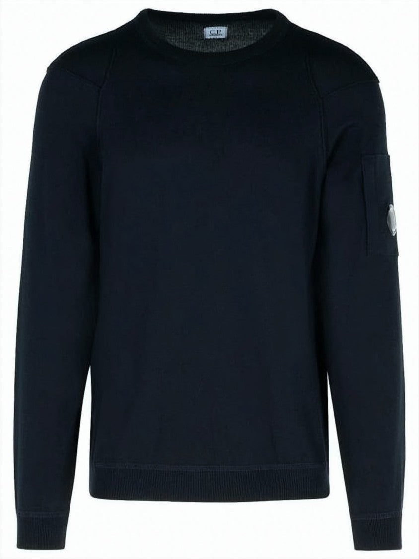 Crewneck Black Cotton Sweater with Distinctive Patch Pocket