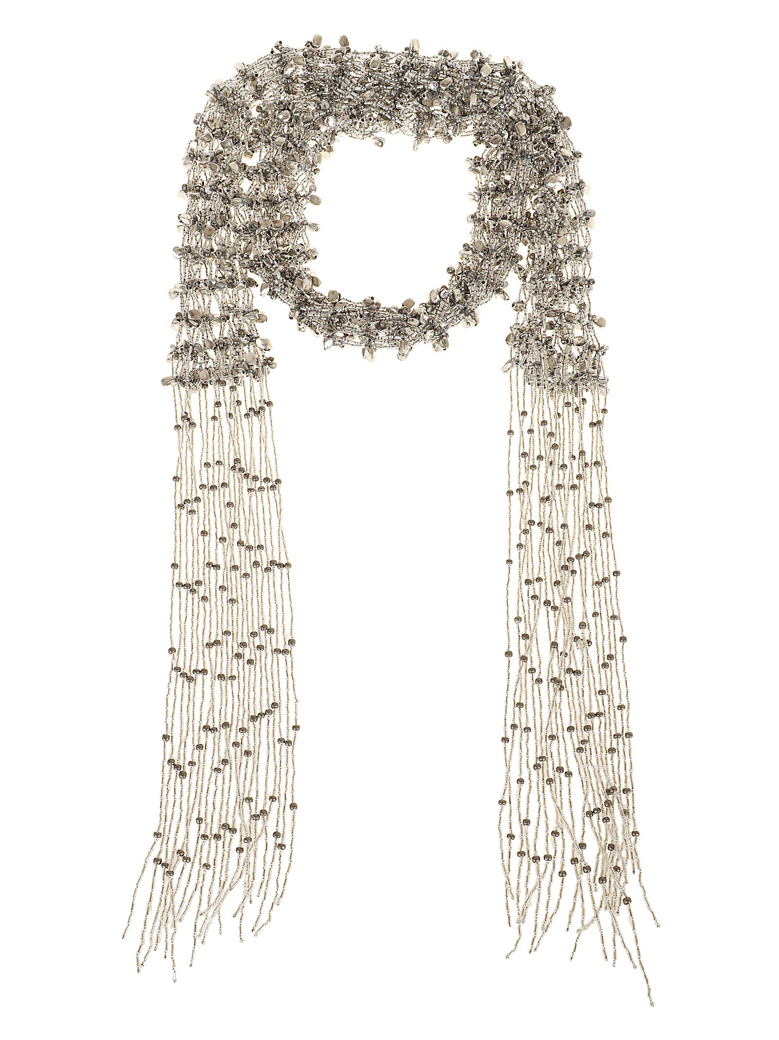 Intricate Silver Beaded Fringed Scarf