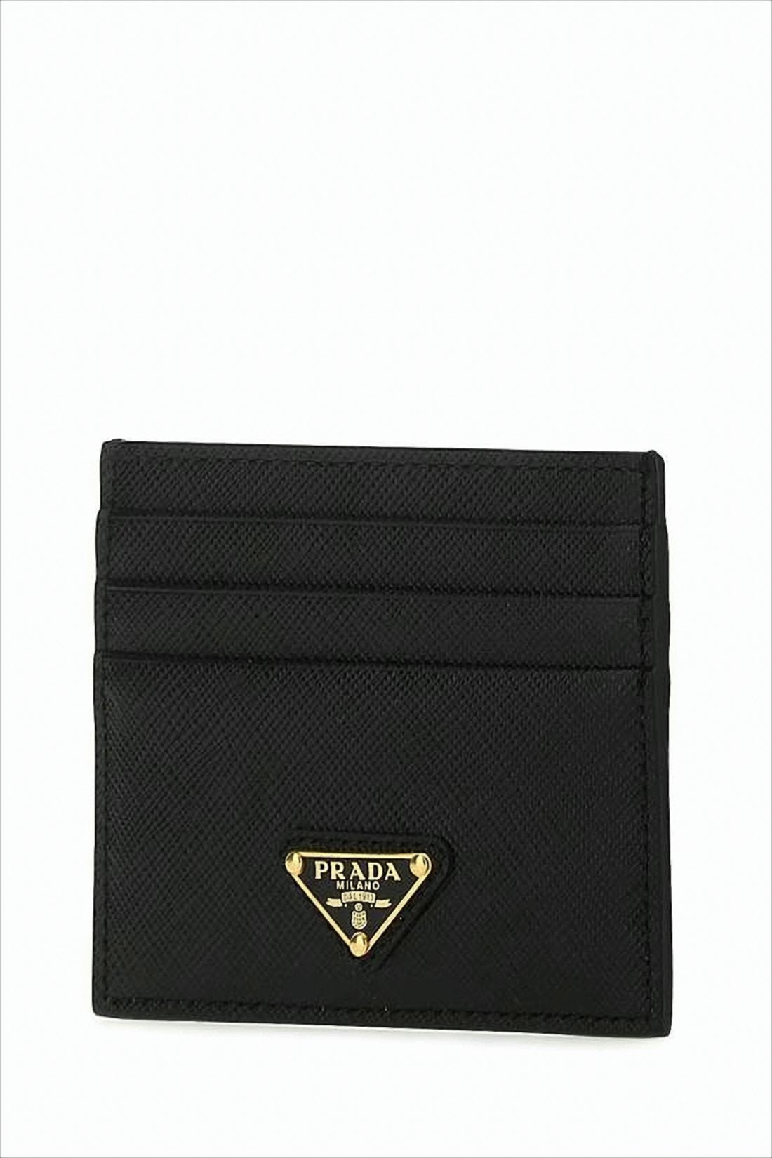 Textured Black Card Wallet With Triangular Gold-Tone Logo