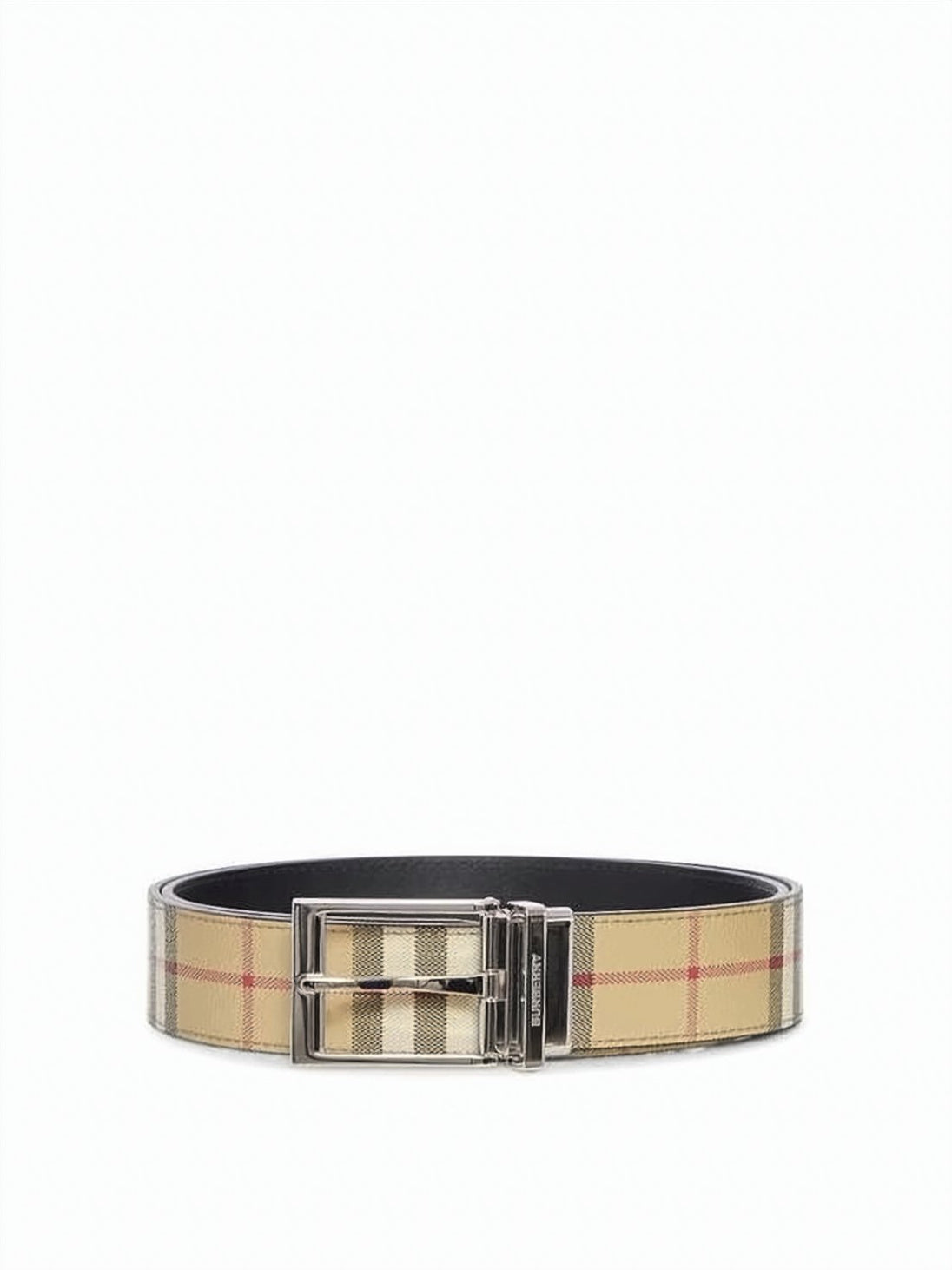 Beige Check Pattern Burberry Leather Belt with Polished Buckle