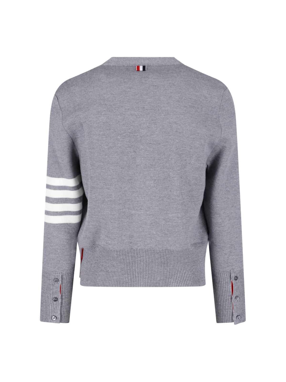 V-Neck Grey Cardigan Sweater with Button-Down Front and Signature Stripes