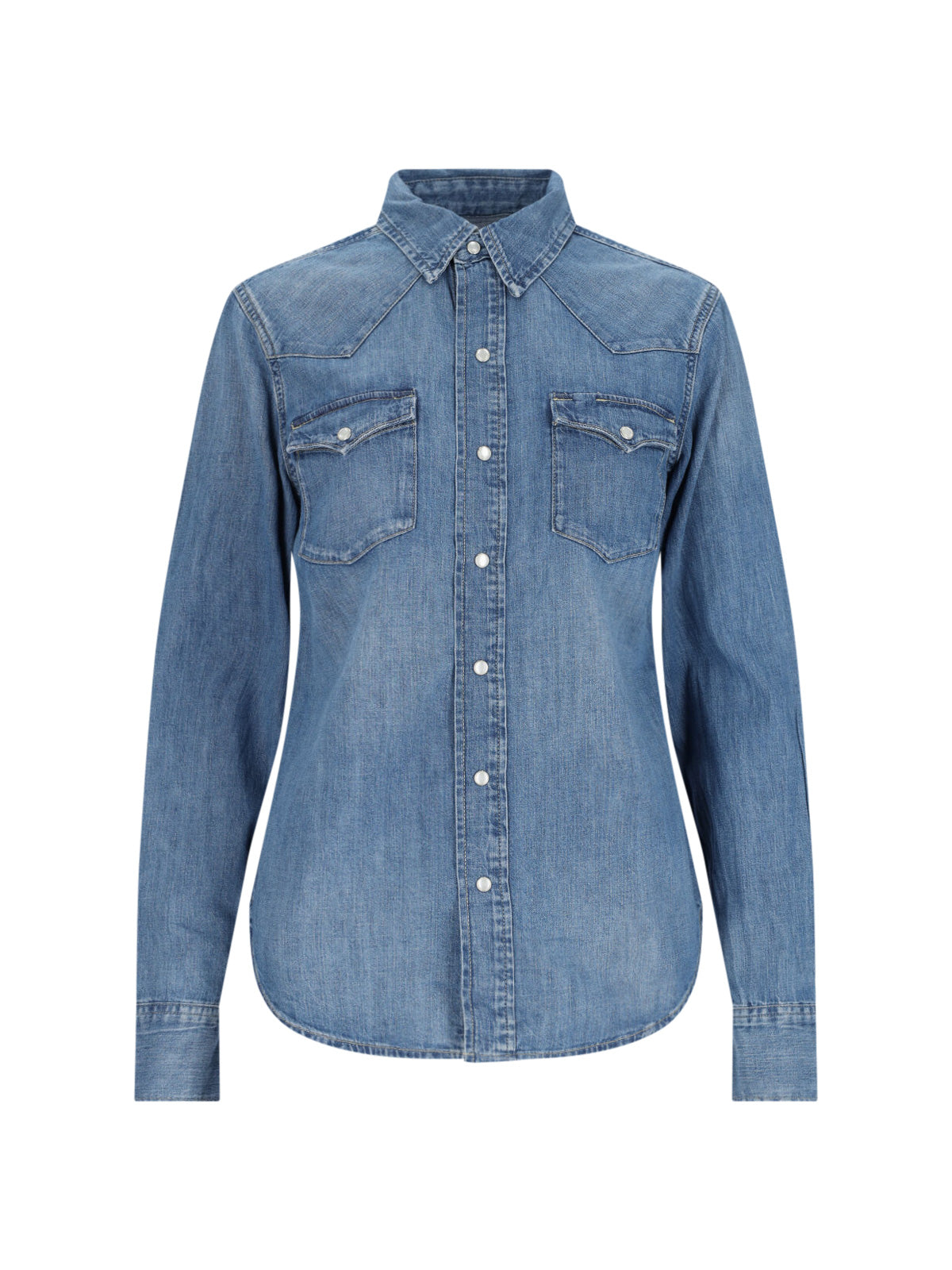 Denim Shirt With Classic Collar And Vintage Wash