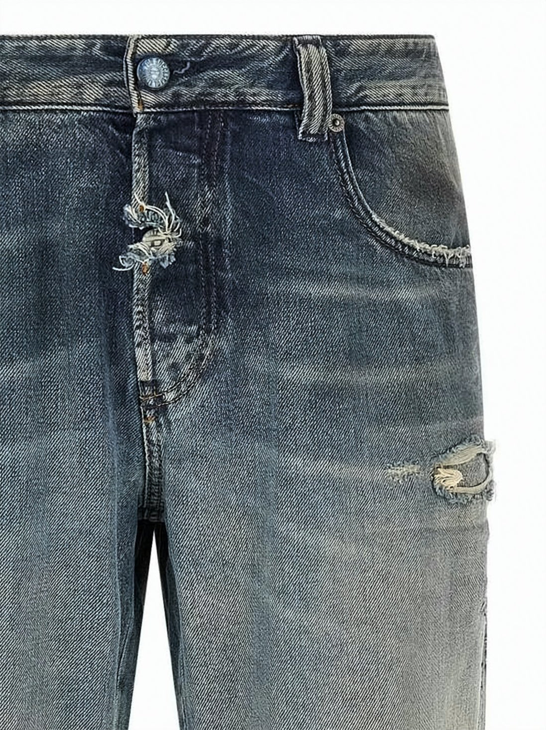 Faded Blue Distressed Cotton Denim Pants