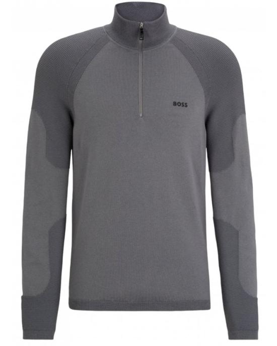 Fitted Grey Turtleneck Sweater with Half-Zip Closure